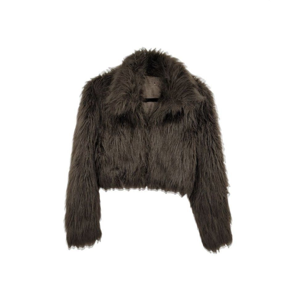 Vtg 70's Glam Faux Fur‎ Shaggy Cropped Long Sleeve Jacket Brown Sz S